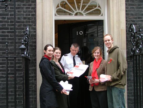 P&P students hand in a Treat AIDS Now petition to 10 Downing Street