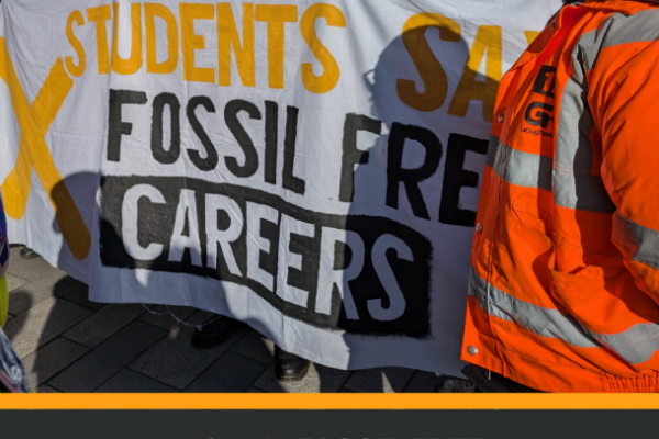 Front cover of resource. Photo on cover is students marching with banner that reads "Students Say Fossil Free Careers"